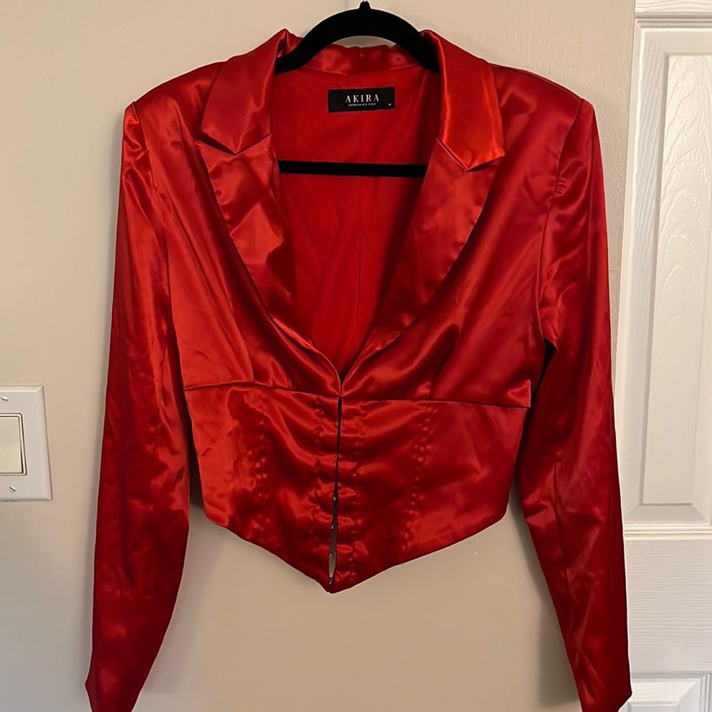 AKIRA Red Satin Long Sleeve Top